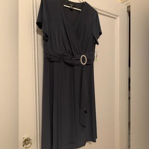 R & M dark gray cocktail dress; rhinestone detail, short sleeve silhouette.